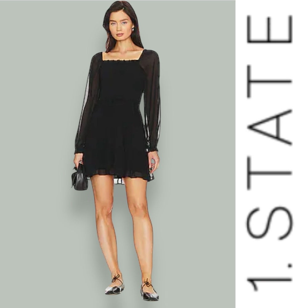 NWT 1. STATE Black‎ Chiffon Smocked Long Sleeve Dress, Size M, MSRP $109